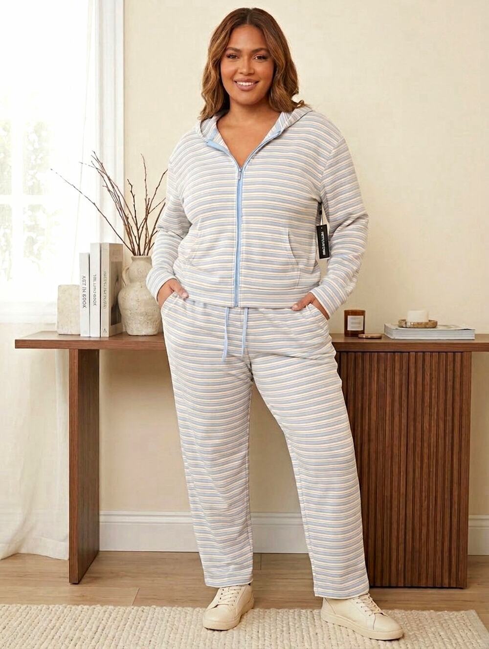 PrettyLittleThing 1X Plus Striped Zip Hoodie & Straight Pants Set Hooded